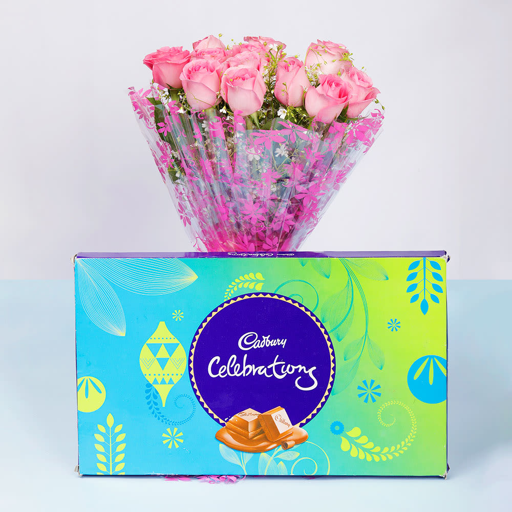Pink Roses With Cadbury Celebrations